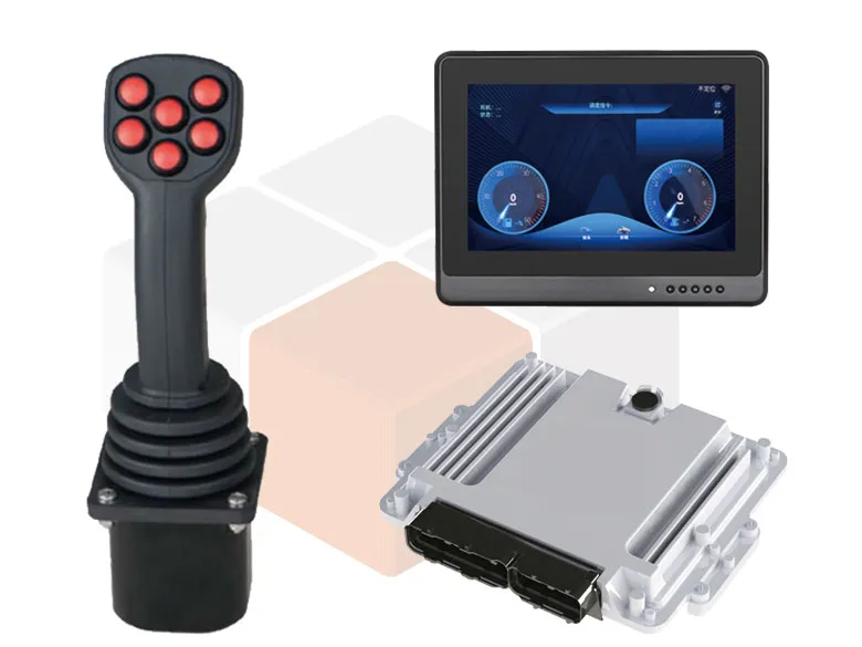 A joystick, a controller and a vehicle display.