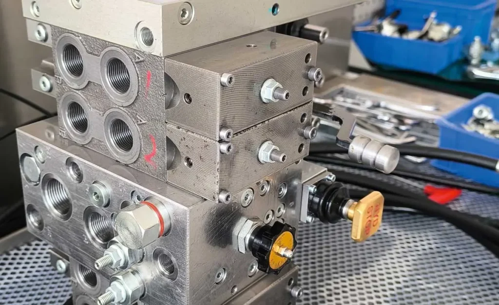 hydraulic valve for QDS bolter (Boar), the view shows the Rexroth M4-12 valves and a custom valve assembly.