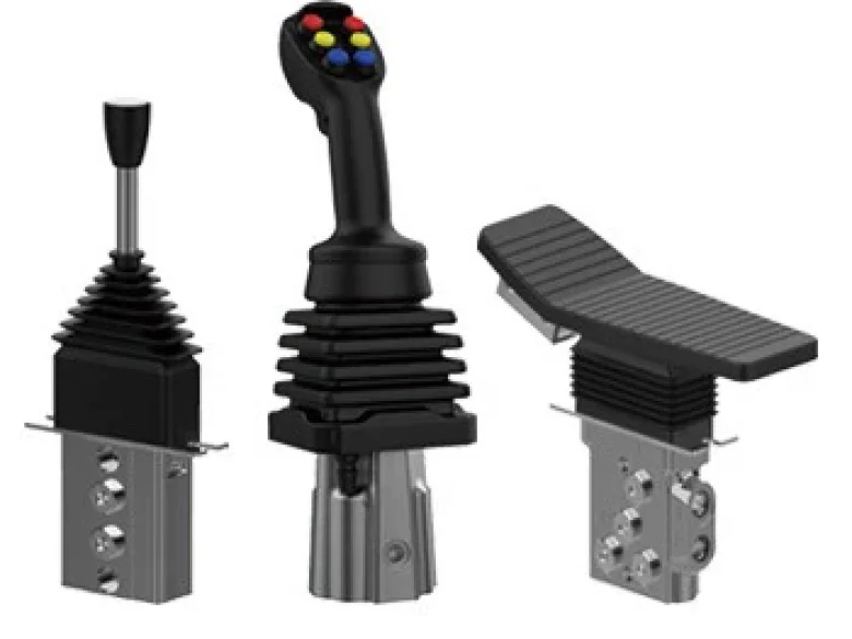 Gallery of hydraulic pilot control devices-a stackable single axis pilot control lever, a pilot control device for joystick, a single foot pedal valve.